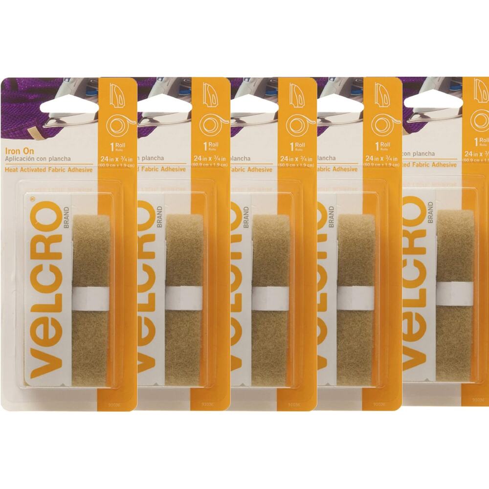 NEW! VELCRO Brand for Fabrics Iron On Tape 24 in‎ x 3/4 BEIGE 5pk